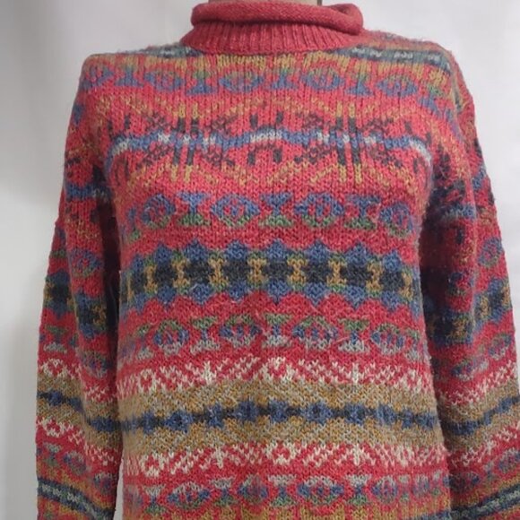 CLAUDIA D NORDIC INSPIRED KNIT SWEATER ROLLED COLLAR CUFFS HEM WOOL BLEND SIZE M - Picture 2 of 11